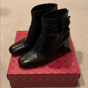 Tory Burch Black Calfskin Boots with Flower Detail